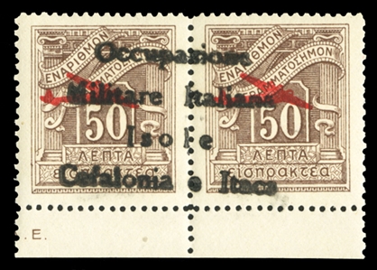 IONIAN ISLANDS Ithaca handstamped overprints Air Post (Sass. PA13) 1941 50+50L brown, capital "O" in "Occupazione", bottom margin horizontal pair, n.h., v.f., signed Diena, with 1999 Chiavarello...