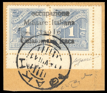 IONIAN ISLANDS Ithaca handstamped overprints Postage Dues (Sass.ST.4) 1941 1+1d blue, bottom sheet margin horizontal pair, canceled on piece by Ithaca 11.VII.41 postmark, v.f., signed Raybaudi,...