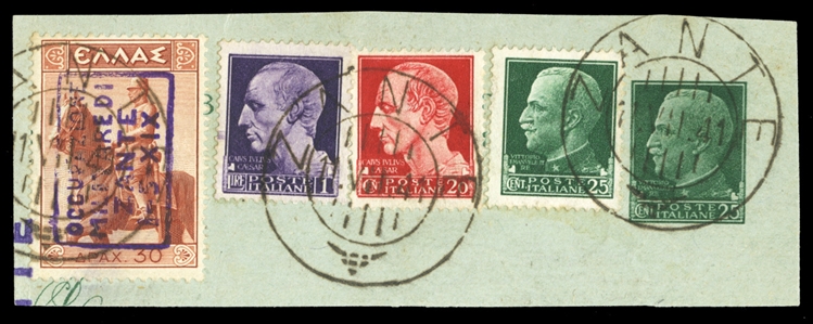 IONIAN ISLANDS Zante (Sass.19) 1941 30d red brown, used with additional franking on piece (11.5), v.f., rare, €9,000