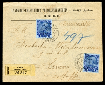 ISRAEL - HOLYLAND Austrian Offices in the Holyland 1910 (17 Oct) registered cover from Haifa to Sarona, franked with 2x1pi dark blue, tied by "Caifa Osterr.Post" departure cds, corresponding...
