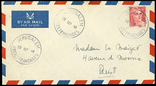 ISRAEL - INTERIM PERIOD French Consular Post in Jerusalem 1948 6fr red, French stamp without surcharge, tied by "Jerusalem Postes Francaises 28 Sep 48" cancel on Airmail cover addressed to...