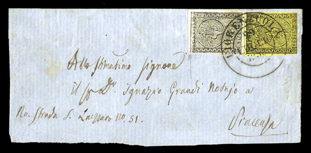 ITALIAN STATES Parma (1,2) 1852 5c black on yellow, 10c black on white, each with full margins, the latter being variety with recut bottom line and uncleared value tablet, tied by double circle...