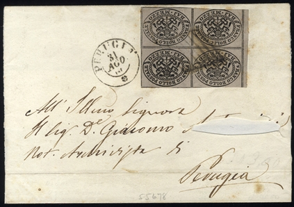 ITALIAN STATES Roman States (1,3a) 1852 1/2 baj black, dull gray, block of four, good margins at sides including dividing lines at left, cut in to touching at top and bottom, canceled by grids on...