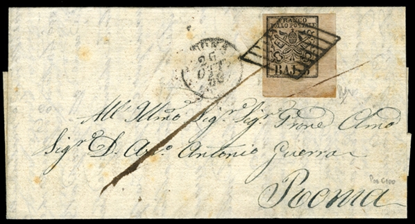 ITALIAN STATES Roman States (6) 1852 5baj black on rose, lower right sheet corner margin single, tied by diamond rhombus cancel on FL used in 1856 from Ancona to Rome, with Jesi transit and Rome...