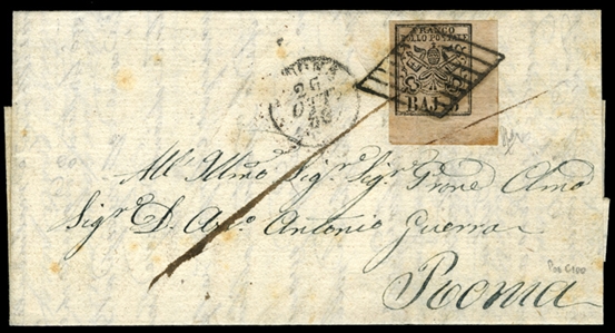ITALIAN STATES Roman States (6) 1852 5baj black on rose, lower right sheet corner margin single, tied by diamond rhombus cancel on FL used in 1856 from Ancona to Rome, with Jesi transit and Rome...