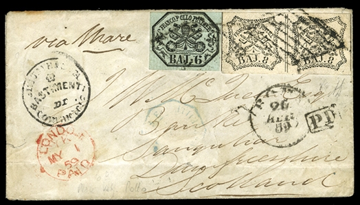 ITALIAN STATES Roman States (7,9) 1852 6baj black on gray, used in combination with horizontal pair of 8baj black, margins all around, tied by grid cancels and sent in 1859 on cover from Rome to...