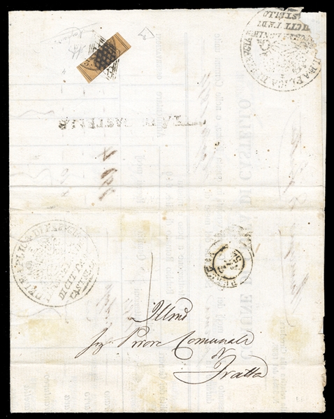 ITALIAN STATES Roman States (Sass.4) 1852 one third of 3baj black brown, used as 1baj on folded printed matter letter from Citta di Castello to Fratta, tied by special small grid cancels of...