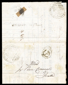 ITALIAN STATES Roman States (Sass.4) 1852 one third of 3baj black brown, used as 1baj on folded printed matter letter from Citta di Castello to Fratta, tied by special small grid cancels of...