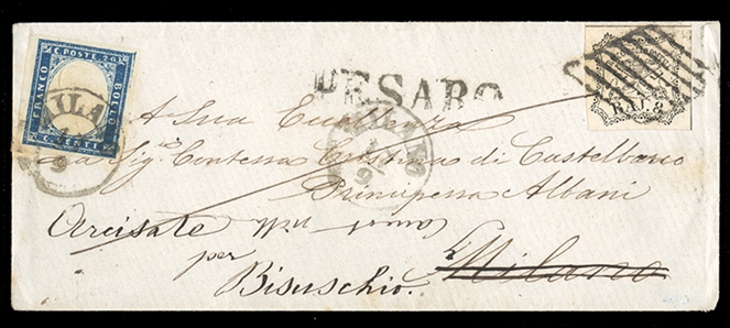 ITALIAN STATES Roman States (9) 1859 8baj black, large margins all around, tied by diamond grids on cover to Milan, straight-line "Pesaro" departure hs, redirected on arrival, with 20c...