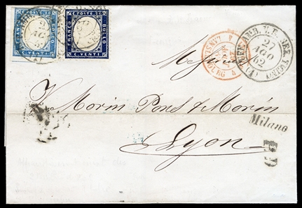 ITALIAN STATES Sardinia 1862 (27 Aug) FL from Milano to Lyon, franked with imperforate Sardinia 20c light blue, used in combination with Italy 20c dark blue, tied by "Uff.Amb.V.E. See.Ticino",...
