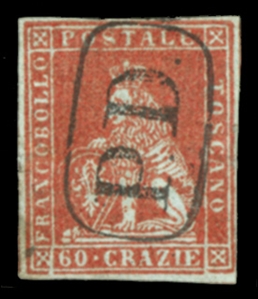 ITALIAN STATES Tuscany (9) 1852 60 crazie scarlet on gray, neat "P.D." in oval cancel, brilliant color, full margins all around, v.f. example of this classic rarity, signed Roger Calves, etc.,...
