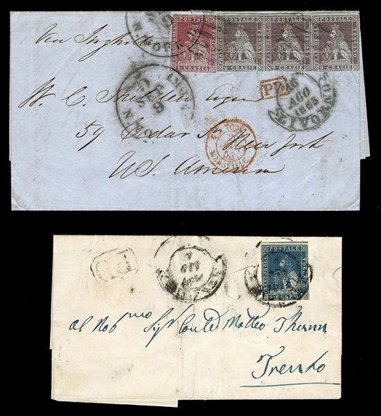 ITALIAN STATES Tuscany (4,7,8) 1853 (16 Aug) FL from Livorno to New York, franked with 1cr carmine (usual margins to touching in places) and strip of 3x9cr gray lilac, margins all around except...
