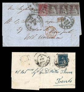 ITALIAN STATES Tuscany (4,7,8) 1853 (16 Aug) FL from Livorno to New York, franked with 1cr carmine (usual margins to touching in places) and strip of 3x9cr gray lilac, margins all around except...