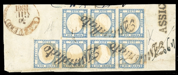 ITALIAN STATES TWO SICILIES - Naples (Sass.20) 1861 2gr sky blue, horizontal block of seven, margins mostly all around except at bottom, right block of four just touching in places, canceled by...