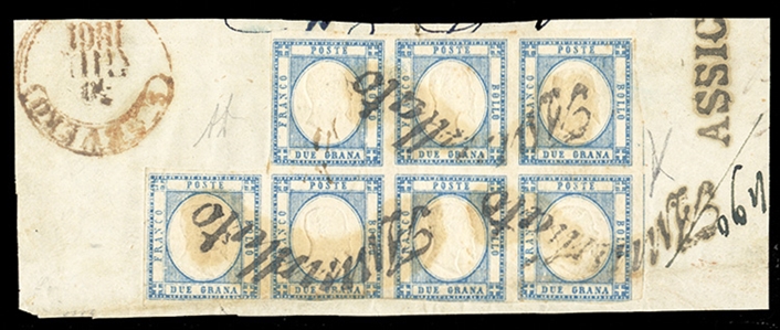 ITALIAN STATES TWO SICILIES - Naples (Sass.20) 1861 2gr sky blue, horizontal block of seven, margins mostly all around except at bottom, right block of four just touching in places, canceled by...
