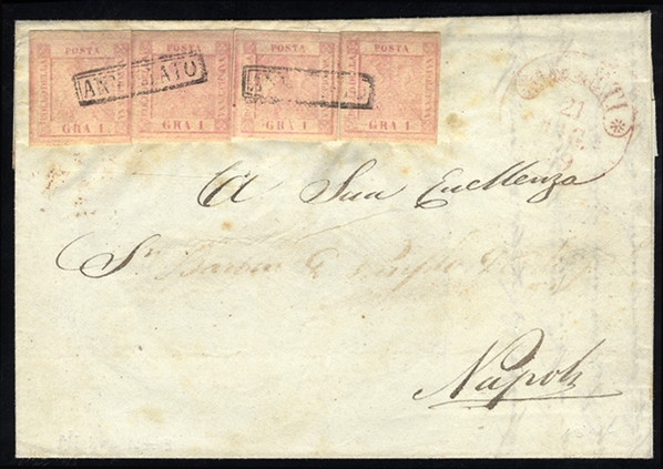 ITALIAN STATES Sicily 1859 (Naples), large part of outer FL to Napoli franked with 4x1gr, cancelled by boxed "Annulato", with faint departure pmk in red, fine