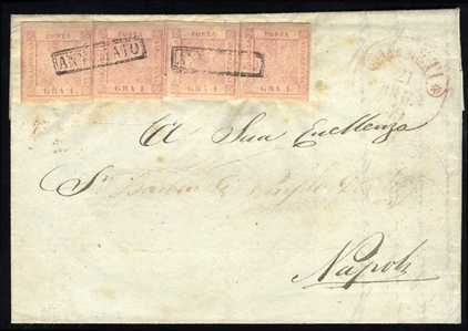 ITALIAN STATES Sicily 1859 (Naples), large part of outer FL to Napoli franked with 4x1gr, cancelled by boxed "Annulato", with faint departure pmk in red, fine