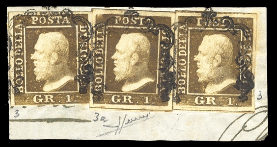 ITALIAN STATES Sicily (Sass.3,3a) 1859 1gr olive brown (Bruno ruggnine), Plate I, two copies, also 1gr bright olive brown (Bruno ruggine intenso), all three used on piece, margins all around,...