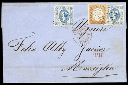 ITALY (23) 1863 (20 Aug) FL from Genova to Marseille, franked with Italy 15c blue (2), used in combination with Sardinia 10c bister, all tied by "2240" numerals, with red "Italie - Marseille"...