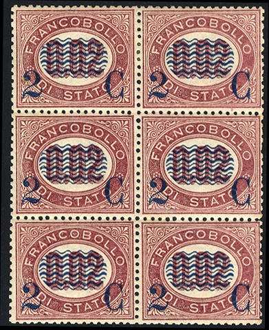ITALY (37) 1878 2c on 2c lake, block of six (2x3), top pair l.h., other four n.h., well centered, fine-v.f.,cat. $1,860
