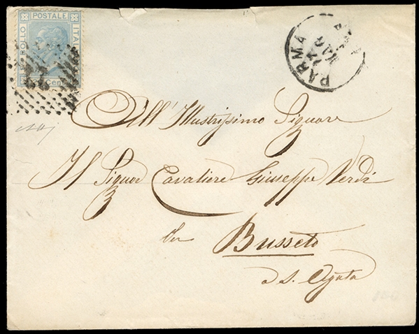 ITALY 1882 cover (part of backflap missing), franked with 20c blue, canceled by "22" in dots, with corresponding Parma departure cds, addressed to composer Giuseppe Verdi in Busseto, fine