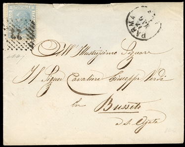 ITALY 1882 cover (part of backflap missing), franked with 20c blue, canceled by "22" in dots, with corresponding Parma departure cds, addressed to composer Giuseppe Verdi in Busseto, fine