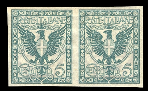 ITALY (78a) 1901 5c green, imperforate horizontal pair, h.r., v.f., with Diena cert. (Sass.70g, €5,000) cat. $3,600