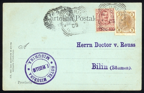 ITALY 1905 (7 Sep) picture postcard franked with 10c red brown, used in combination with Austrian 3h brown orange, both tied by "Misurina" pmks, addressed to Bilin, Bohemia, with "Hotel...