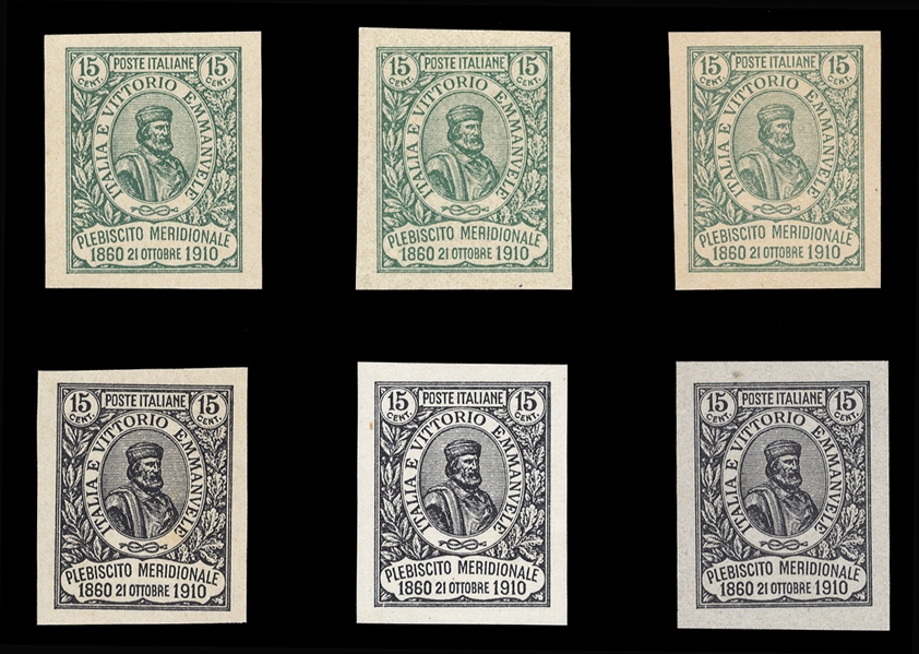 ITALY (118P) 1910 15c Garibaldi, six imperforate proofs, three in green and three in black, fine-v.f. (Sass.P90) €2,700