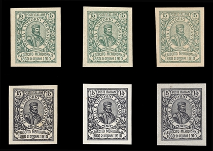 ITALY (118P) 1910 15c Garibaldi, six imperforate proofs, three in green and three in black, fine-v.f. (Sass.P90) €2,700