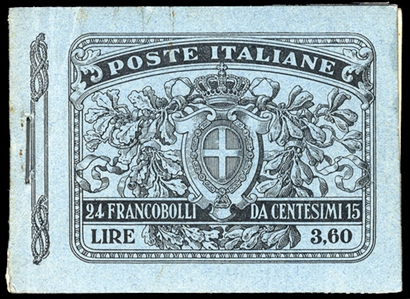 ITALY (123c) 1911 unexploded 3.60L booklet containing four panes of 6x15c, n.h., some minor toning affecting stamps and booklet covers with some creasing, otherwise v.f. (Sass.2, Euro 13,500)