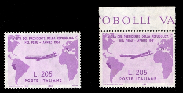 ITALY (834a) 1961 205L lilac, the so-called "Gronchi-rosa", two copies, one with sheet margin, regummed, v.f.