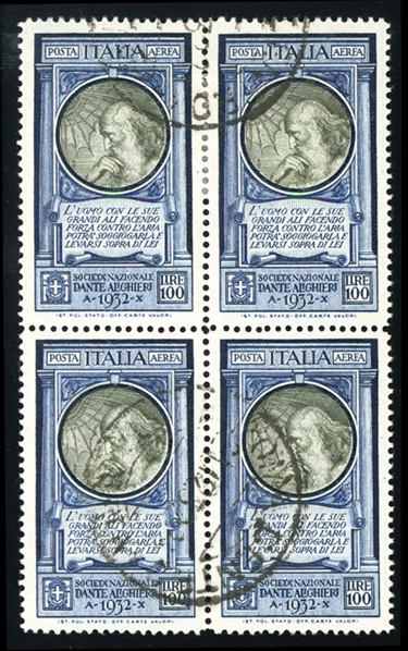 ITALY Air Post (C34) 1932 100 Lire bright blue & greenish black, block of four, canceled Rome Dec. 21, 1932 circular datestamps, perfect centering (Sassone indicates 50% premium), deep rich...