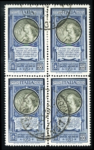 ITALY Air Post (C34) 1932 100 Lire bright blue & greenish black, block of four, canceled Rome Dec. 21, 1932 circular datestamps, perfect centering (Sassone indicates 50% premium), deep rich...