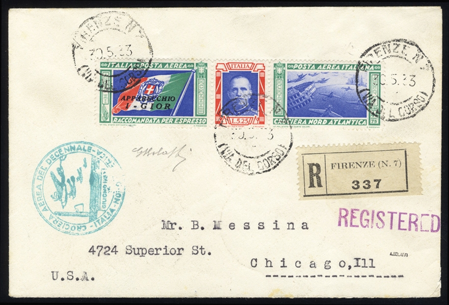 ITALY Air Post (C48-49) 1933 Balbo Triptychs, set of two ("I-Gior"), used on separate registered and flown covers from Firenze to USA, each with appropriate cachet, myriad of transit and arrival...