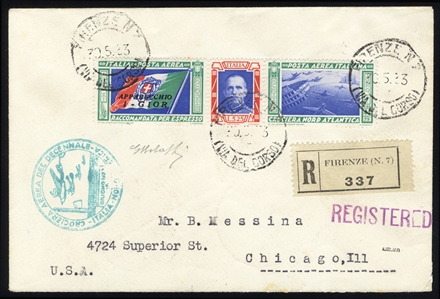 ITALY Air Post (C48-49) 1933 Balbo Triptychs, set of two ("I-Gior"), used on separate registered and flown covers from Firenze to USA, each with appropriate cachet, myriad of transit and arrival...