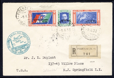 ITALY Air Post (C48-49) 1933 Balbo Triptychs, set of two (I-Gior), used on separate registered and flown covers from Firenze to USA, each with appropriate cachet, myriad of transit and arrival...