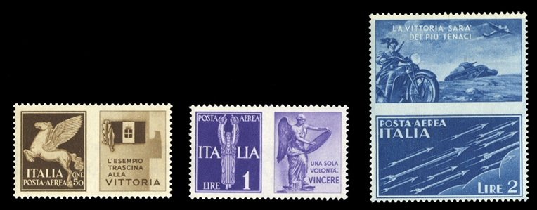 ITALY Air Post (C13/17var) 1942 50c, 1L and 2L with publicity labels, unissued set of three, n.h., v.f. (see note in Scott following C19) cat. $1,400
