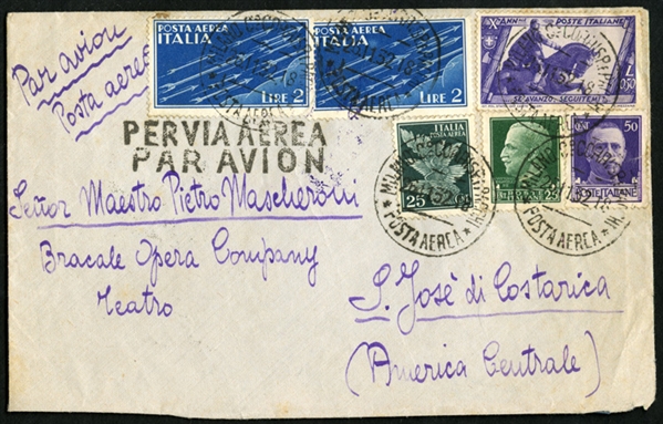 ITALY  Flight Covers 1932 (26 Nov) cover with 3.50L franking flown from Milan to San Jose, Costa Rica, Torino transit and San Jose arrival pmks, backflap defects, fine cover to uncommon...