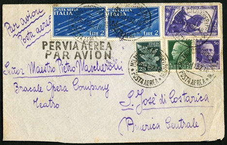 ITALY  Flight Covers 1932 (26 Nov) cover with 3.50L franking flown from Milan to San Jose, Costa Rica, Torino transit and San Jose arrival pmks, backflap defects, fine cover to uncommon...