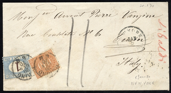 ITALY Postage Dues (J2,13) 1870 (Jan 5) cover sent unpaid from New York, ms "11" (deci) charge in ink, with 1869 10c and 1870 1L (first month of use) added on arrival and tied by Turin Jan. 20...
