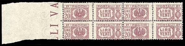 ITALY Parcel Post (Q55-60) 1946 1L-20L, set of six, blocks of four, n.h., fine-v.f. (Sass. 60-65, Euro 1,375)