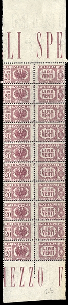 ITALY Parcel Post (Q55-60) 1946 1L-20L, set of six, blocks of ten, n.h., fine-v.f. (Sass. 60-65, Euro 3,400)