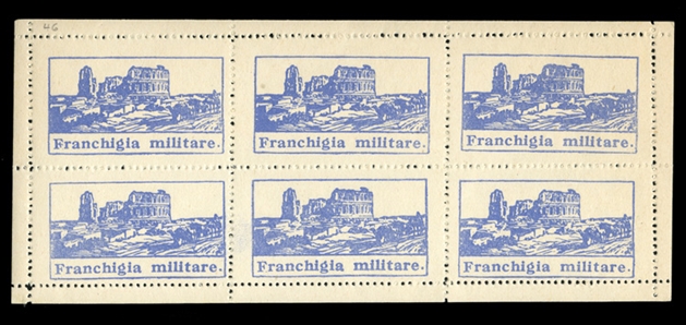 ITALY Military Mail (Sass. 1) 1943 prepared in Tunisia and not issued, El Djem amphitheater "Franchigia Militare" perf. 11 1/2, sheetlet of six in blue, n.h., v.f., with 1991 Diena certificate...