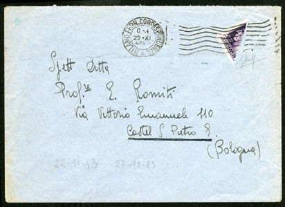 ITALY Italian Social Republic 1943 (22 Nov) cover to Bologna, franked with diagonal half of 1L, paying 50c from Milano, fine and interesting usage, with Castel S.Pietro arrival pmk