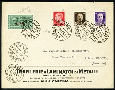 ITALY Italian Social Republic 1943 (27 Dec) cover from Sarenzo to Villa Cogozzo, franked with four different including 1.25L Special Delivery (G.N. type II and "R" type III), fine cover, with...