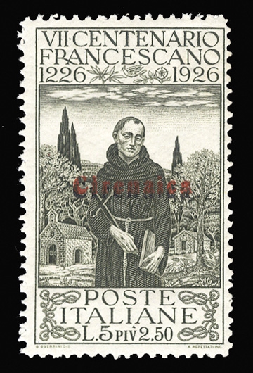 ITALIAN COLONIES Cyrenaica (24a) 1926 Saint Francis 5L+2.50L olive green, double overprint (Cyrenaica) one black, one red, n.h., fine, signed Diena, Bolaffi and Colla, with the latters 2015...