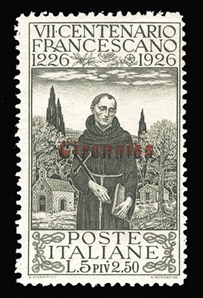 ITALIAN COLONIES Cyrenaica (24a) 1926 Saint Francis 5L+2.50L olive green, double overprint (Cyrenaica) one black, one red, n.h., fine, signed Diena, Bolaffi and Colla, with the latters 2015...