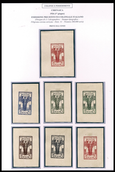 ITALIAN COLONIES Cyrenaica Semi-Postals 1926 Colonial Institute Issue, 10 different master die proofs in various colors, value tablets blank, also a horizontal tete-beche pair in black,...
