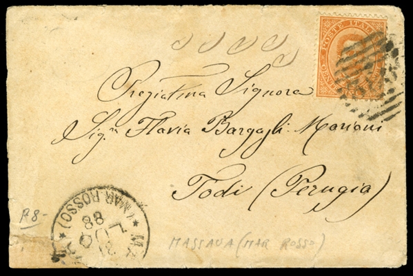 ITALIAN COLONIES Eritrea 1888 (3 July) small cover franked with Italian 20c, tied by barred "3862" numeral cancel and sent from Massaua to Todi, with departure "Massaua Ma Rosso" cds...